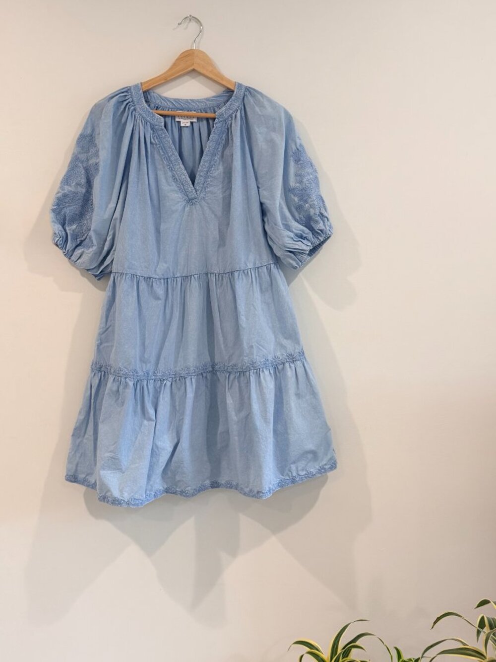 Velvet Light Blue Embroidered Mini Dress – XS (Fits S/M) | Boho Tiered Dress